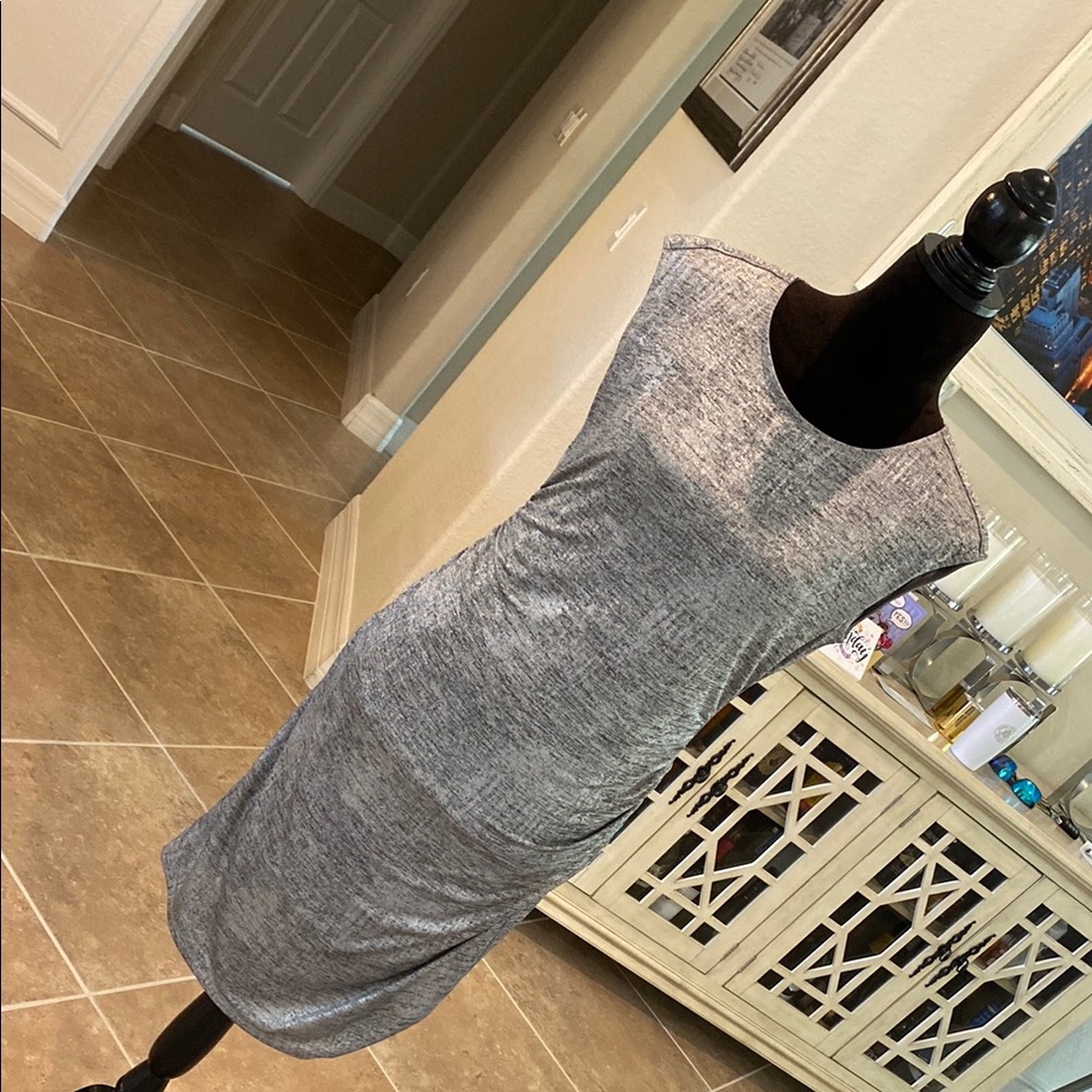 Calvin Klein silver/black sleeveless dress, lightly ruched sides, size small
